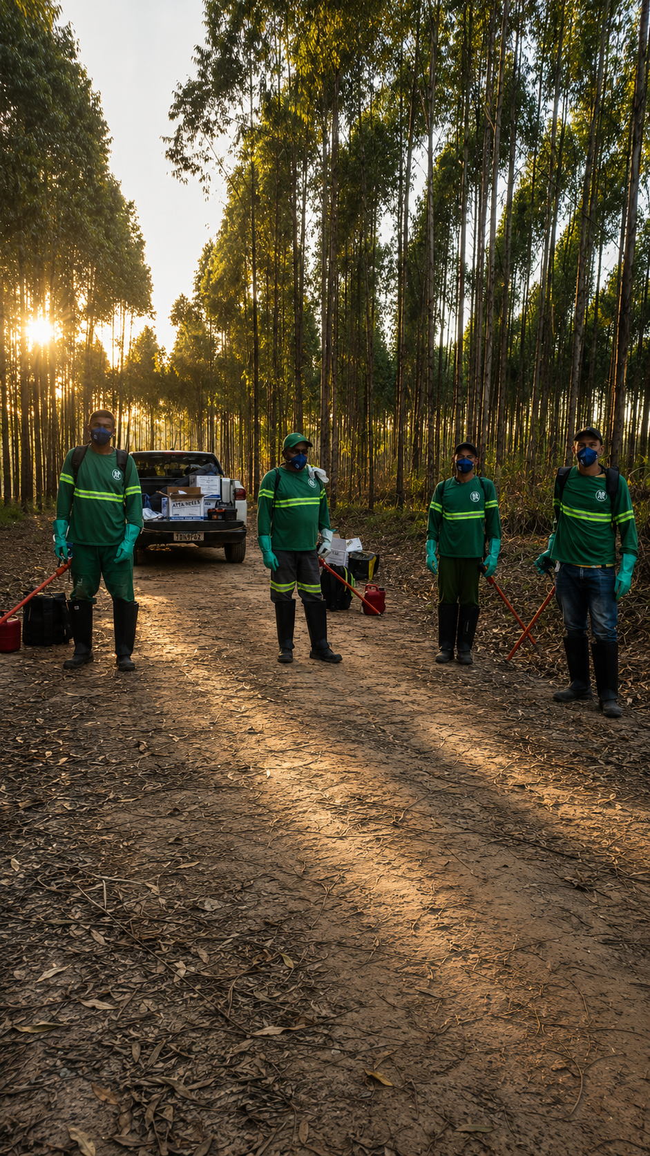 Equipe com EPIs em operação na floresta ao amanhecer